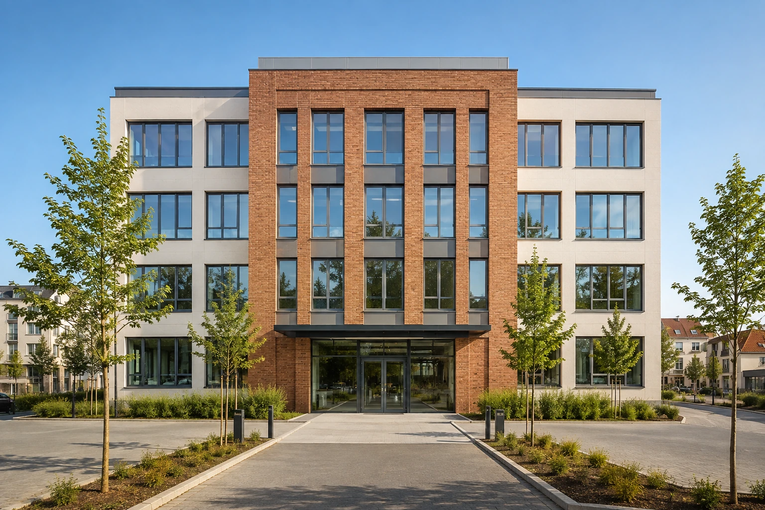 Helles Bürogebäude aus Ziegel, Putz und Glas in einer bayerischen Mittelstadt